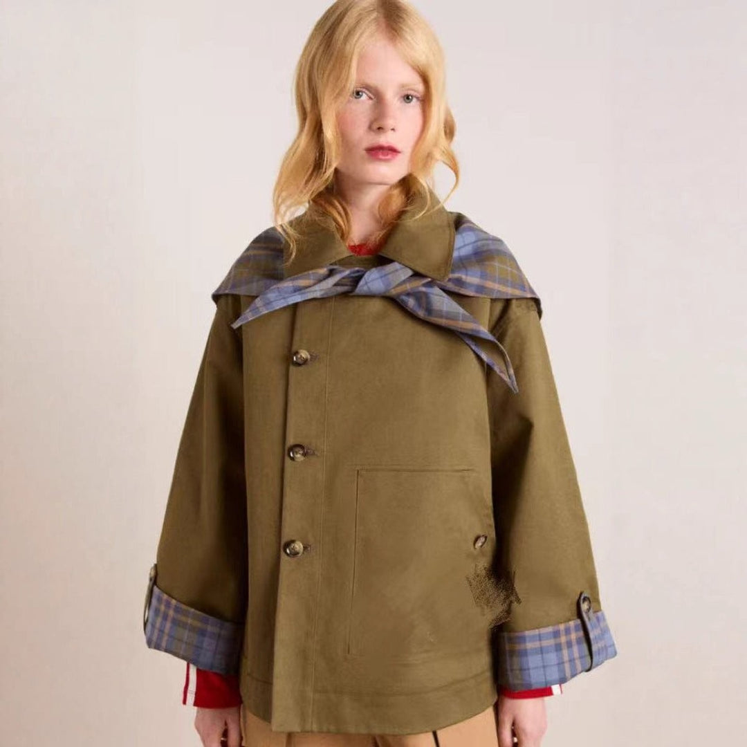 olive oversized double-breasted trench coat with plaid collar detail