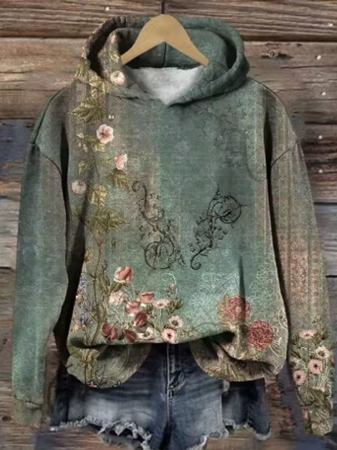 Sage green vintage floral print hooded sweater with long sleeves