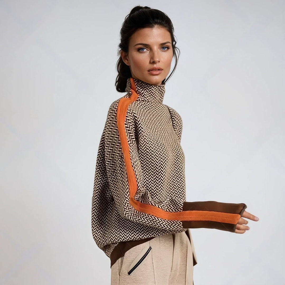 Side view of herringbone oversized turtleneck with orange stripe detail