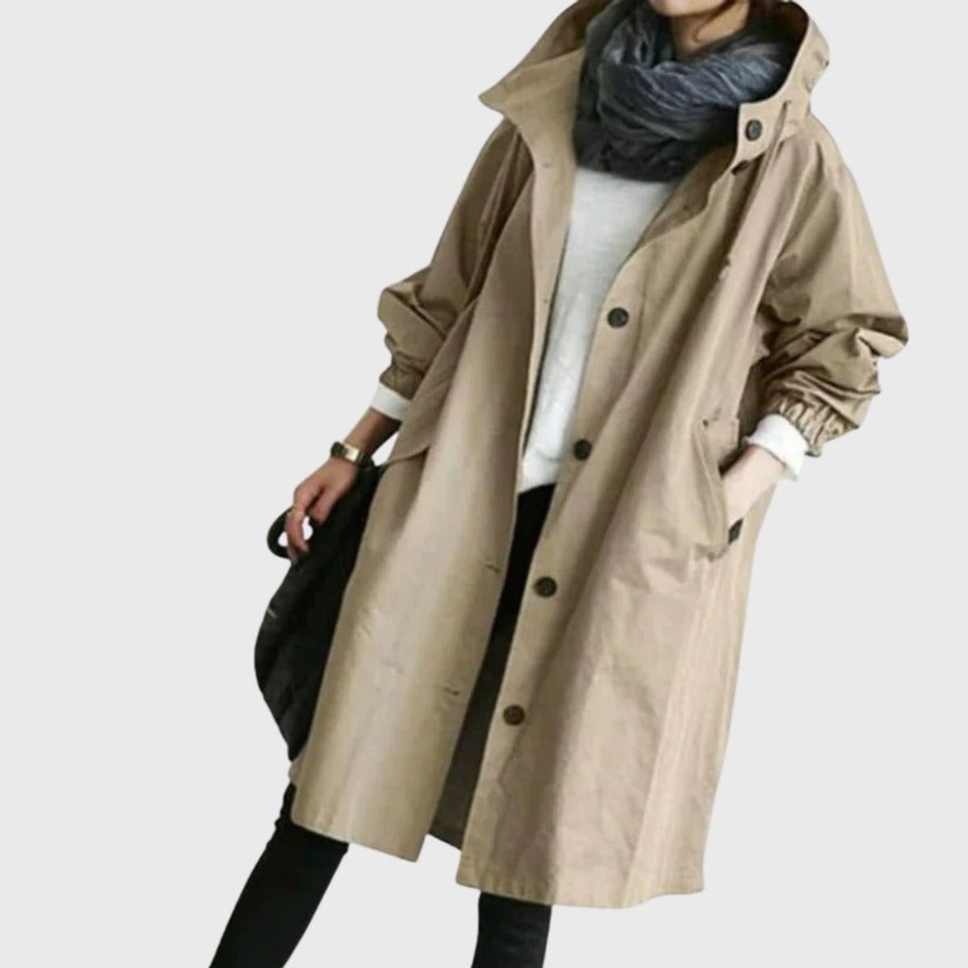 Khaki oversized hooded trench coat with button-front closure