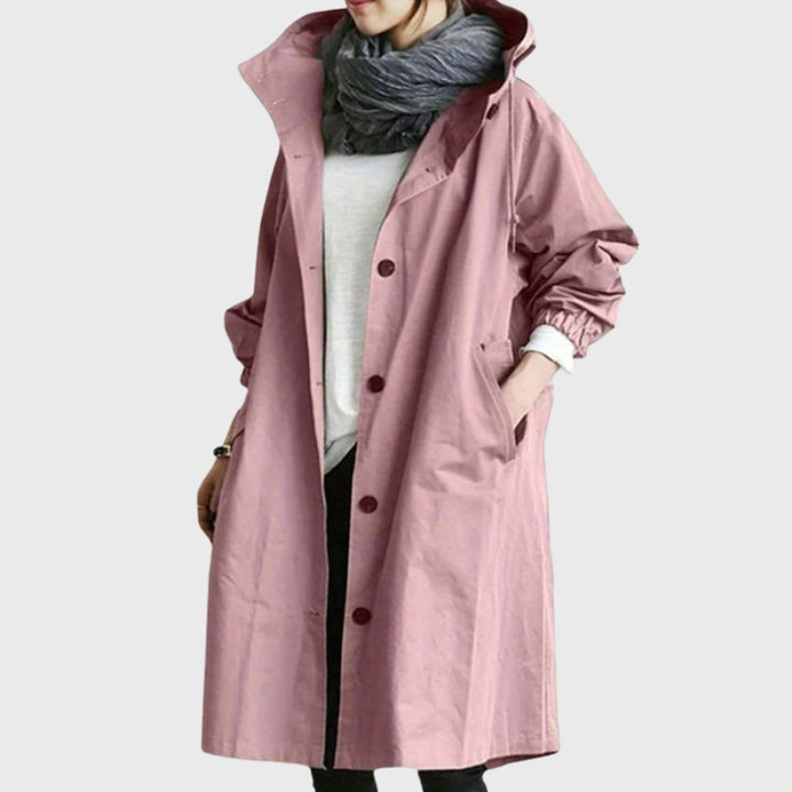 Dusty pink hooded trench coat with contrast maroon buttons