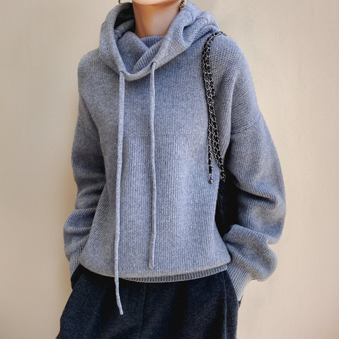 heather blue oversized knit turtleneck hoodie sweater with drawstring detail