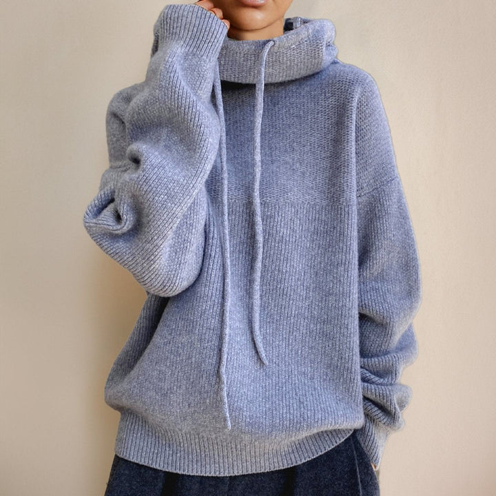 heather blue merino wool hoodie sweater with slouchy sleeves and drawstring hood