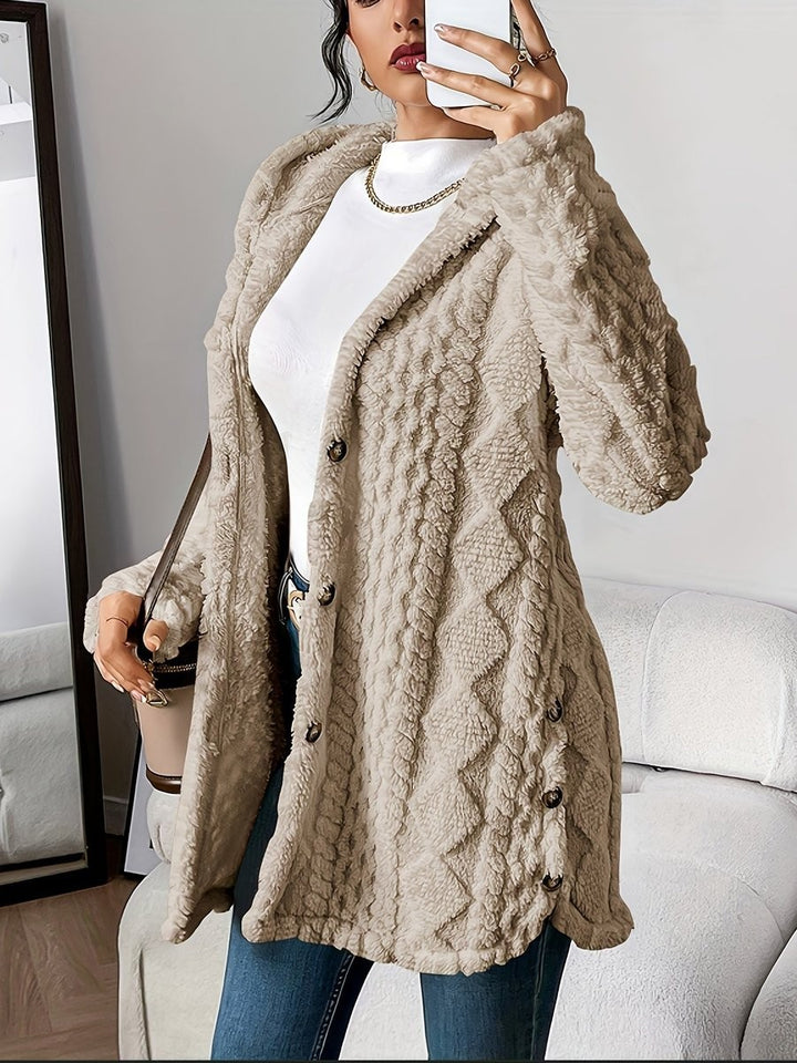 beige textured fleece hooded cardigan with button-front closure and cable design