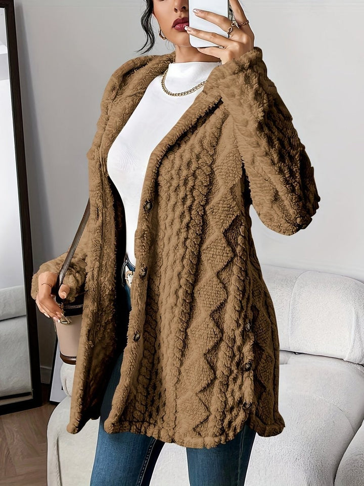 camel brown plush hooded cardigan with cable-knit texture and wooden buttons