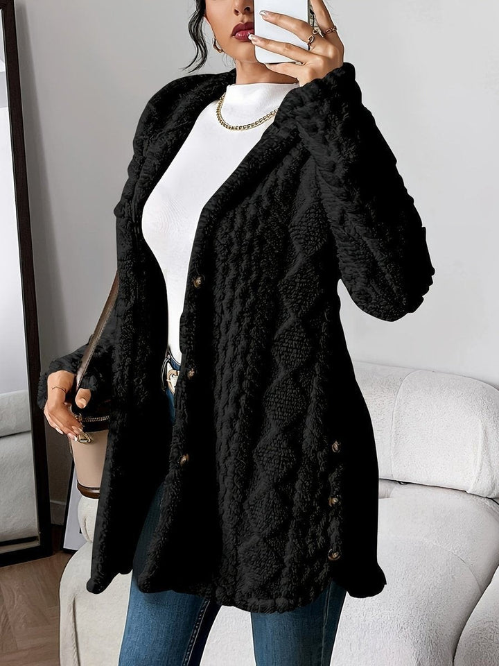 black plush fleece hooded cardigan featuring cable pattern and front buttons