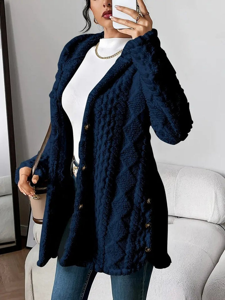 navy blue textured fleece hooded cardigan with button-front and long sleeves