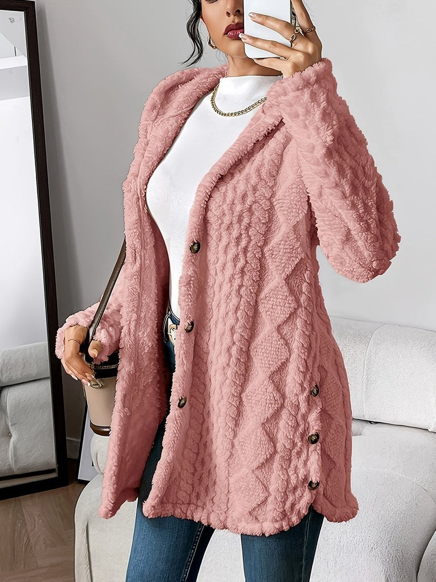blush pink plush fleece hooded cardigan with cable-knit texture and buttons