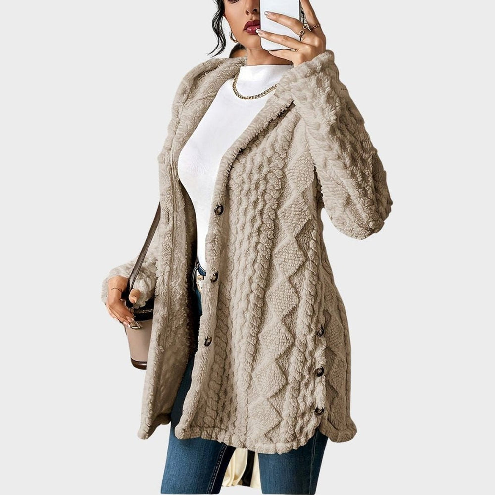 Beige plush fleece hooded cardigan featuring chevron texture and button closure