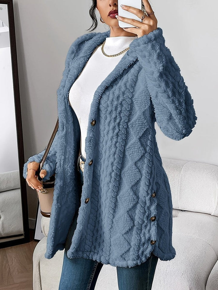 Slate blue textured fleece hooded cardigan with cable knit detail and buttons