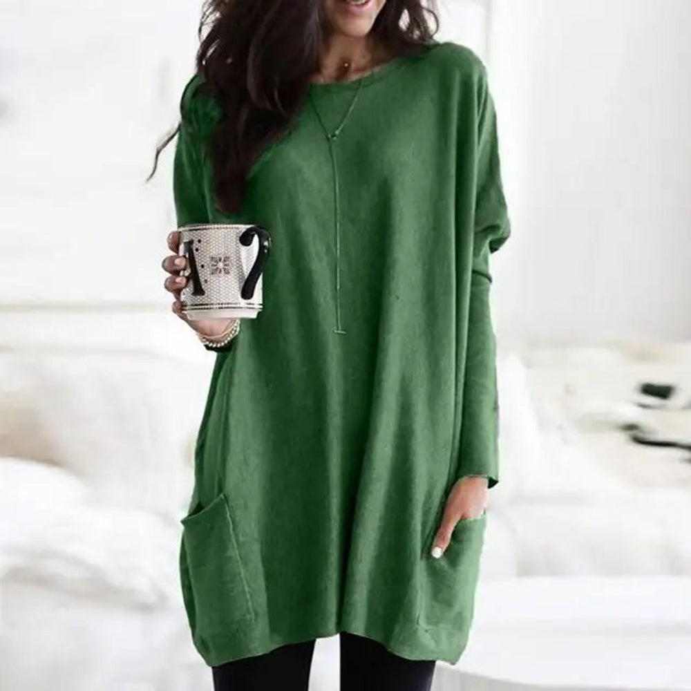Green oversized long-sleeve tunic top featuring a front patch pocket