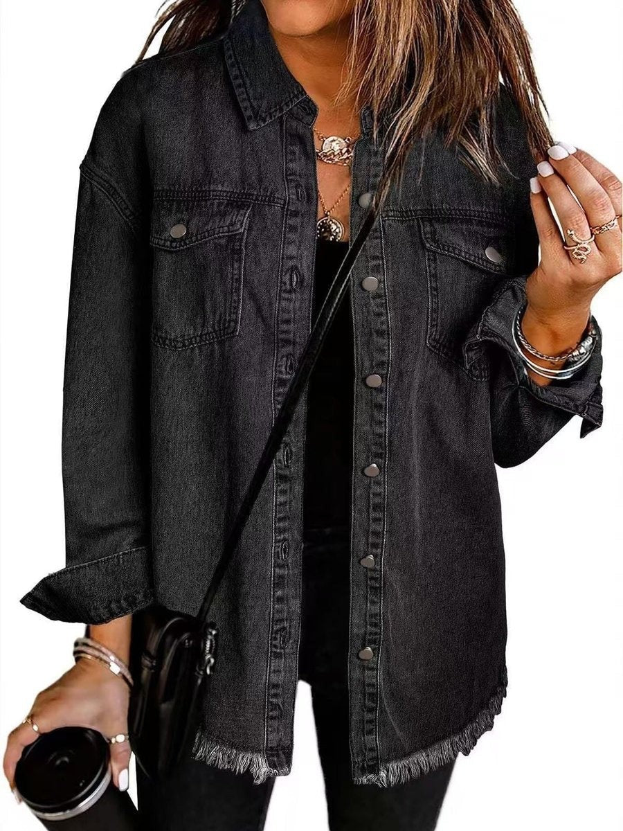 black denim jacket with frayed hem and snap-button front, oversized fit