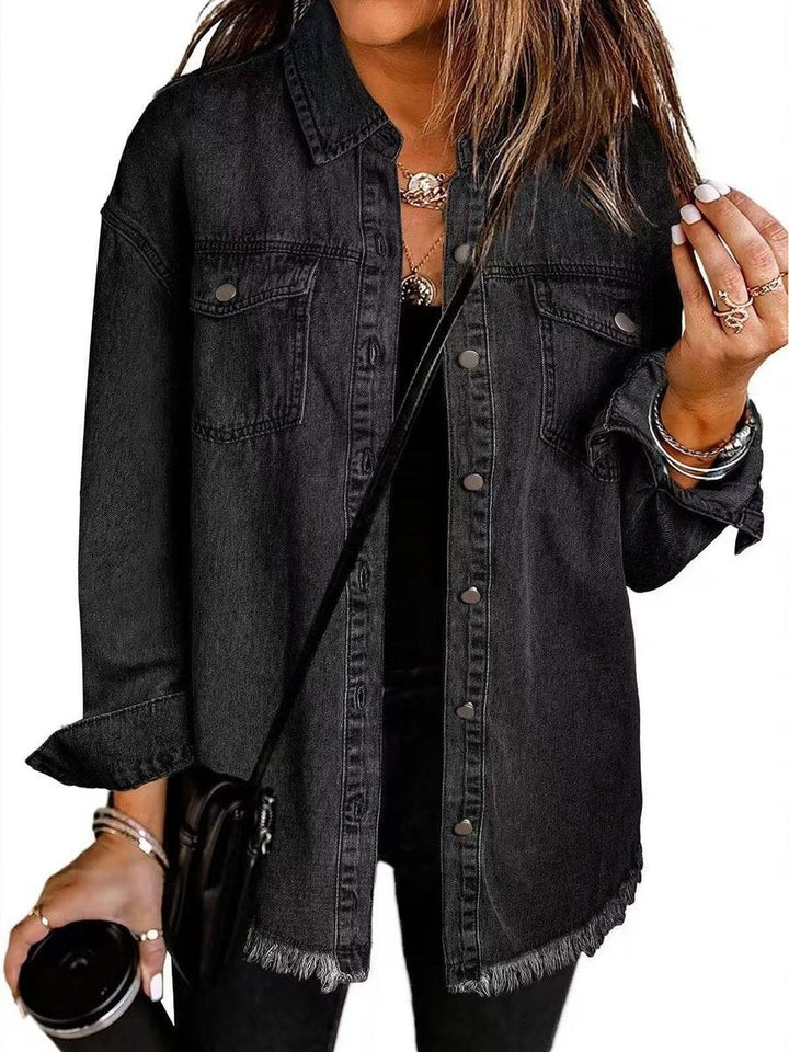 black denim jacket with frayed hem and snap-button front, oversized fit
