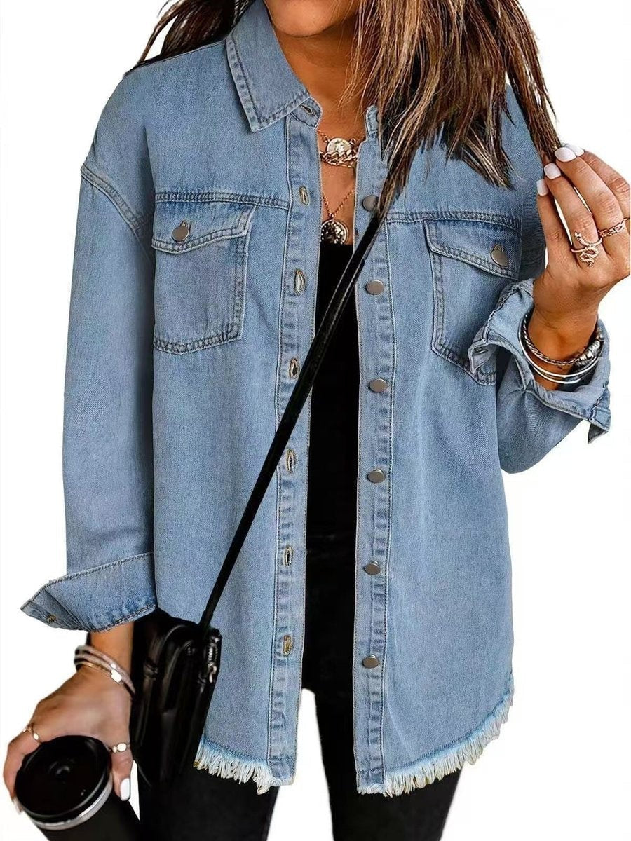 light blue denim jacket featuring frayed hem and chest pockets