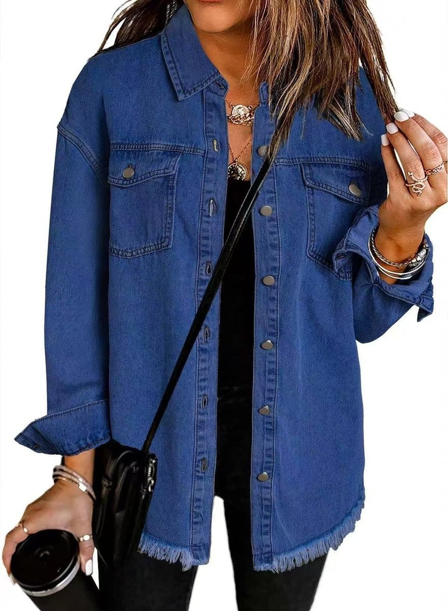 medium wash denim jacket with snap buttons and raw hem detail