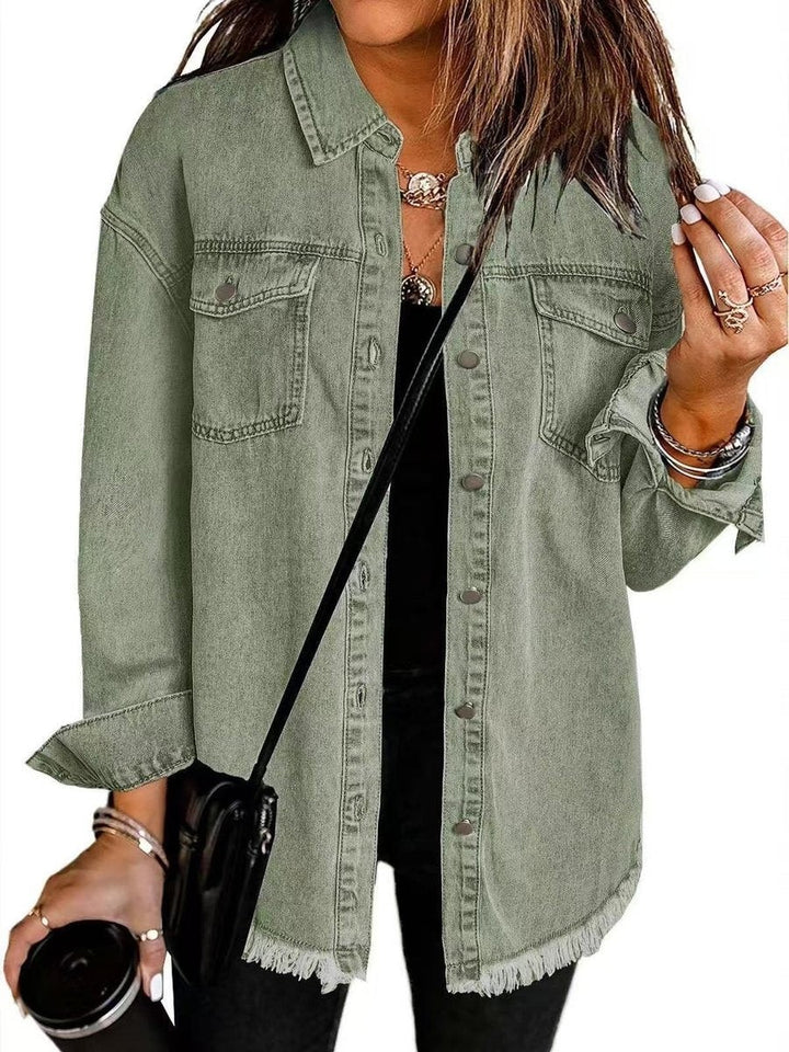 sage green denim jacket with oversized longline silhouette and frayed edge