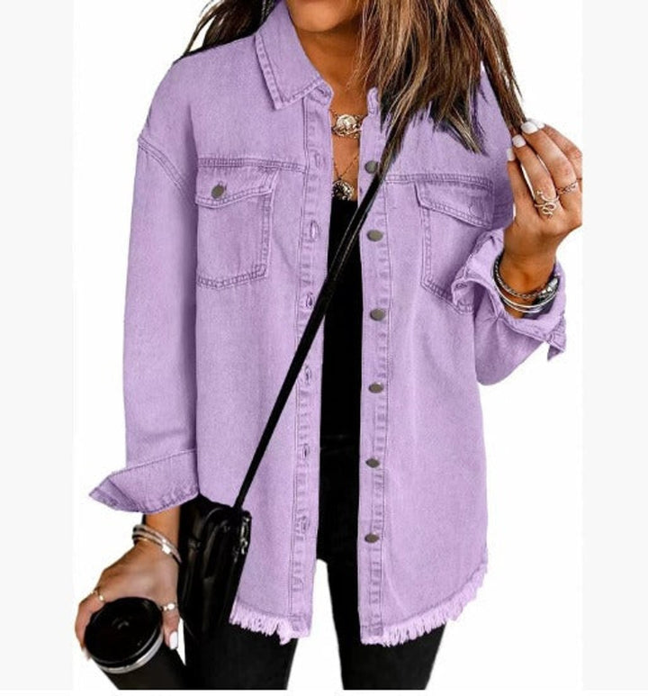lavender denim jacket with chest pockets and distressed raw hem