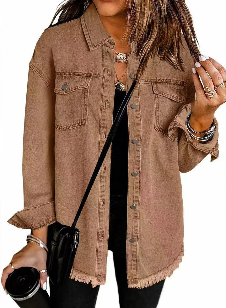 camel brown denim jacket featuring longline cut and frayed bottom edge
