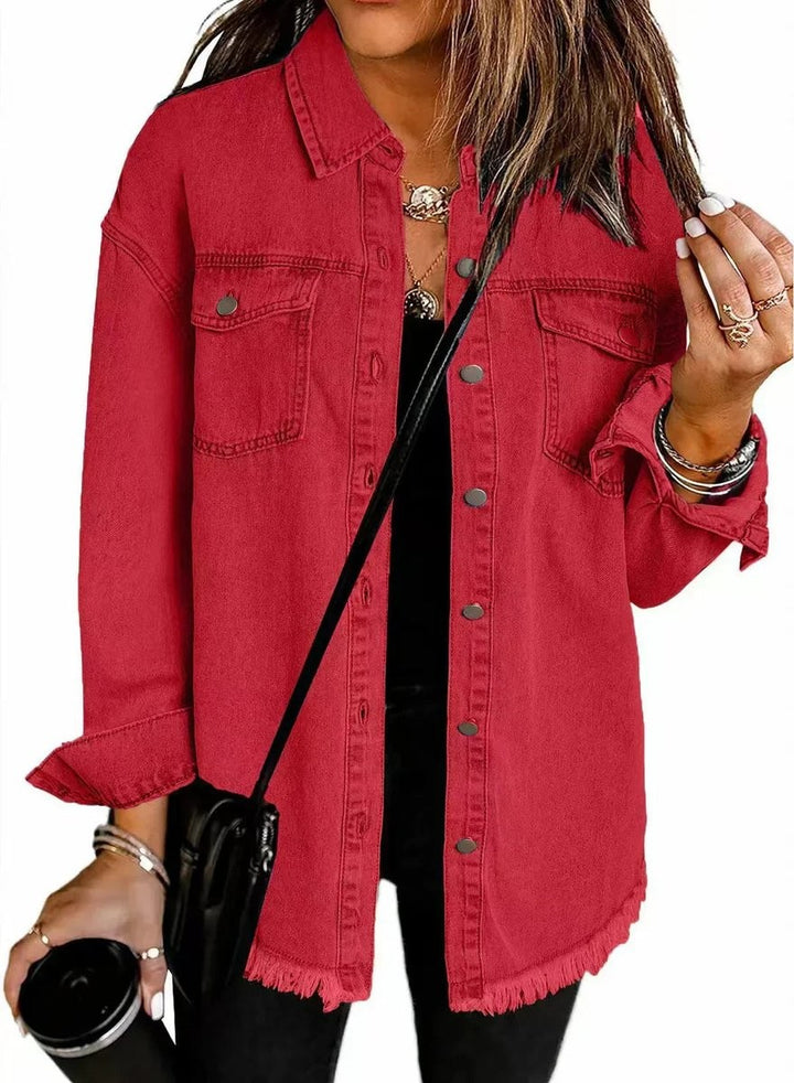 red denim jacket with snap buttons and frayed hem, oversized style