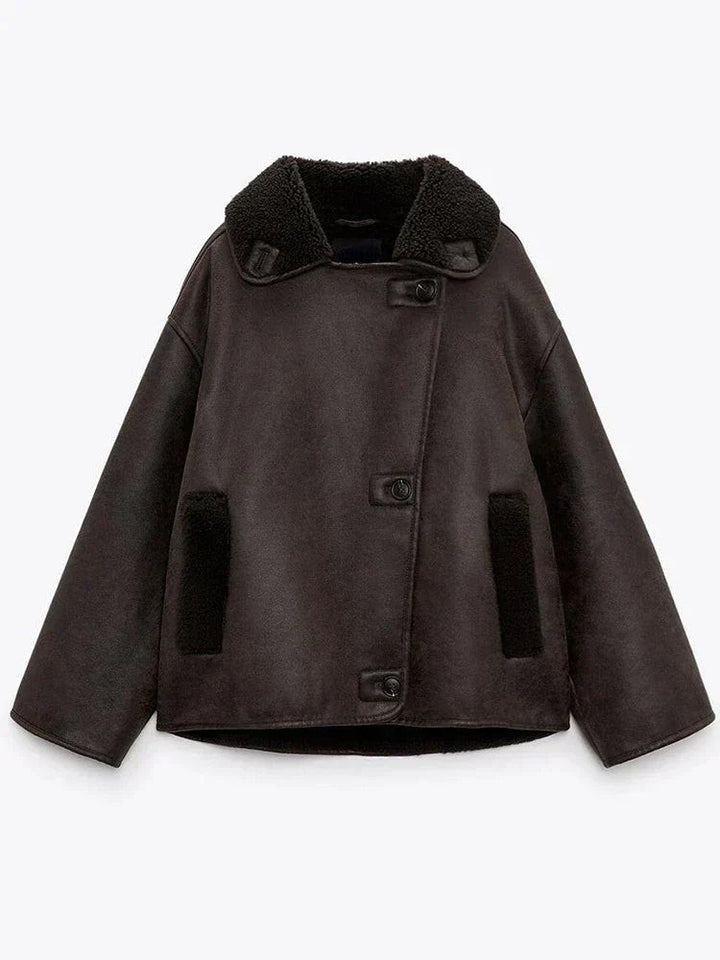 Dark brown shearling-collar leather jacket laid flat, front view