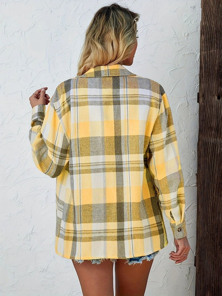 Back view of yellow plaid flannel shirt with dropped shoulder seam
