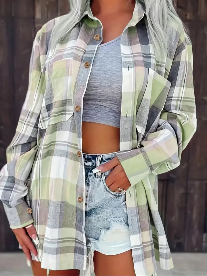 Sage green plaid flannel button-up shirt with patch pockets and long sleeves