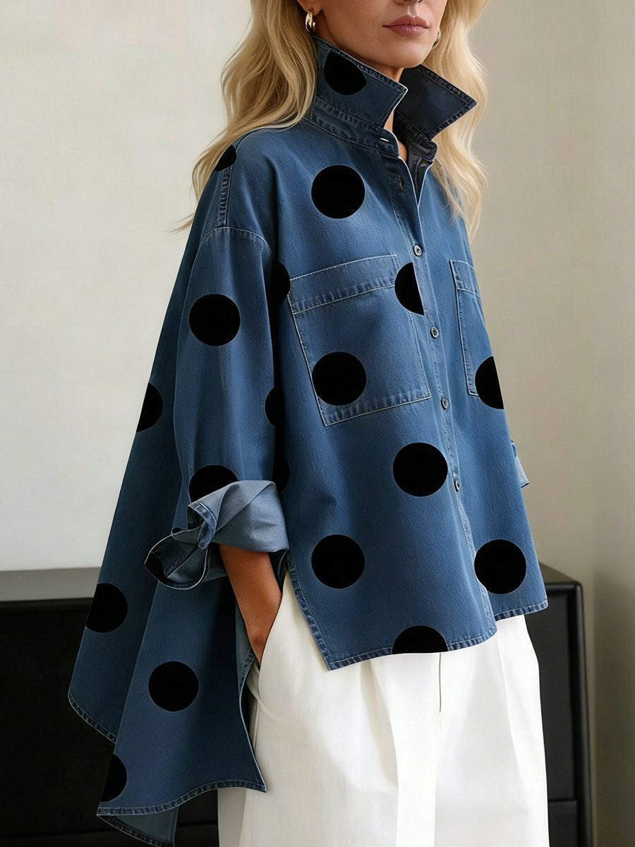 blue denim oversized polka dot shirt with high collar and cape sleeve