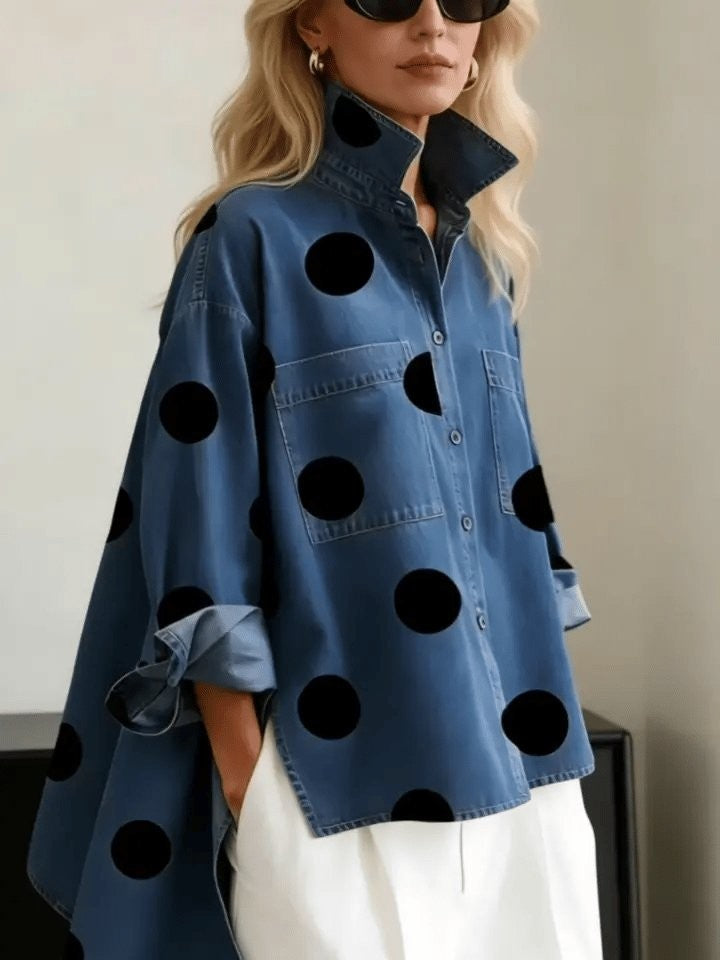 oversized denim polka dot shirt styled with white wide-leg pants