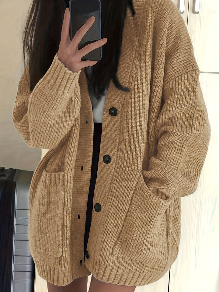 Camel oversized cardigan with ribbed knit texture and front pockets