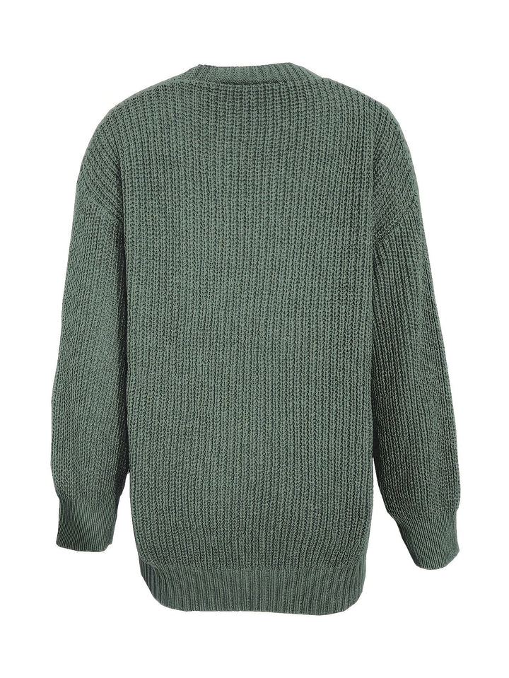 Olive green ribbed cardigan sweater shown from the back on white background