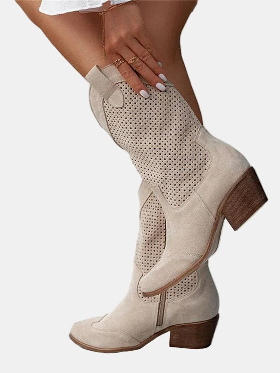 beige suede knee-high boots with perforated design and block heel