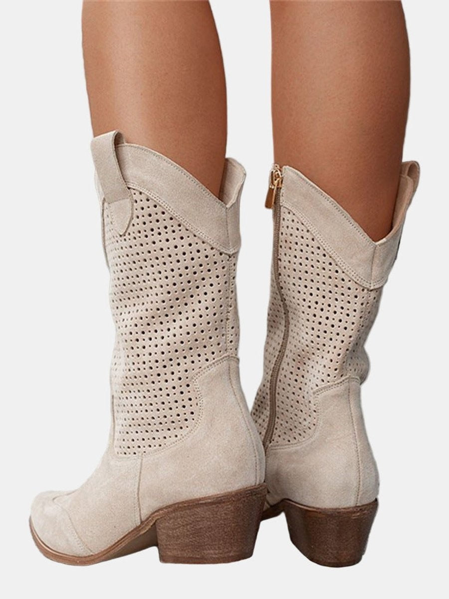 back view of beige suede boots showing side zipper and block heel