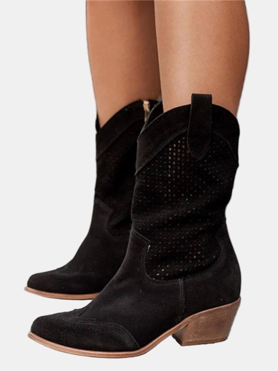 black suede perforated boots with pointed toe and block heel