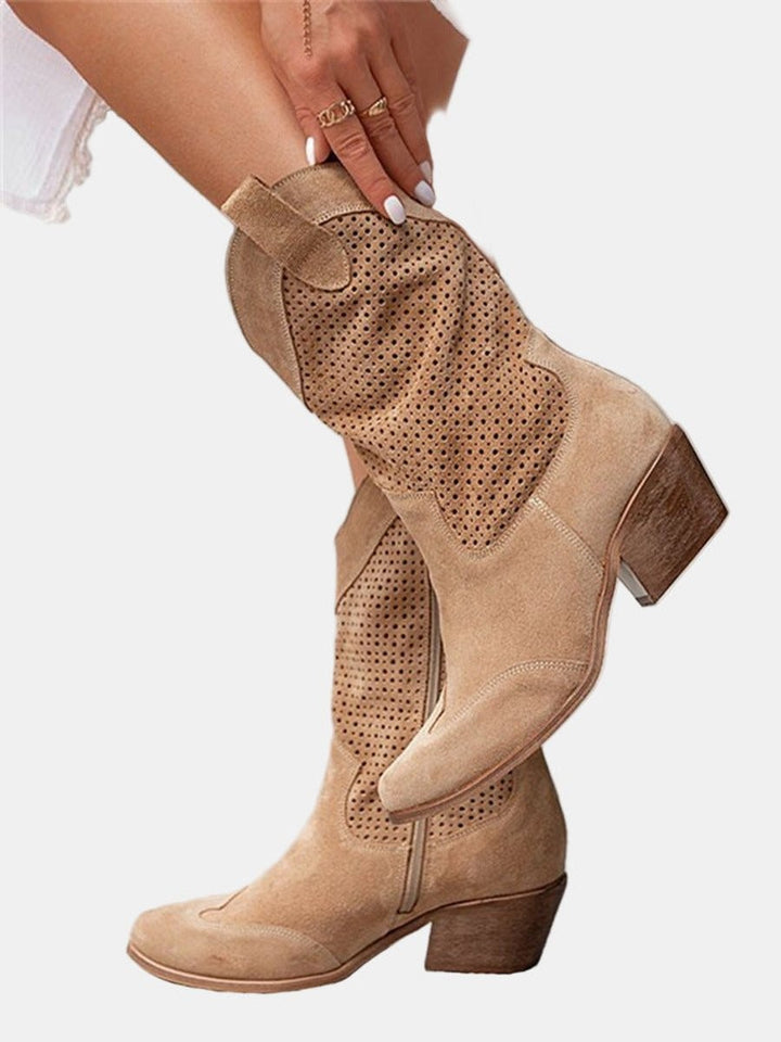 camel suede knee-high boots featuring laser-cut perforated design
