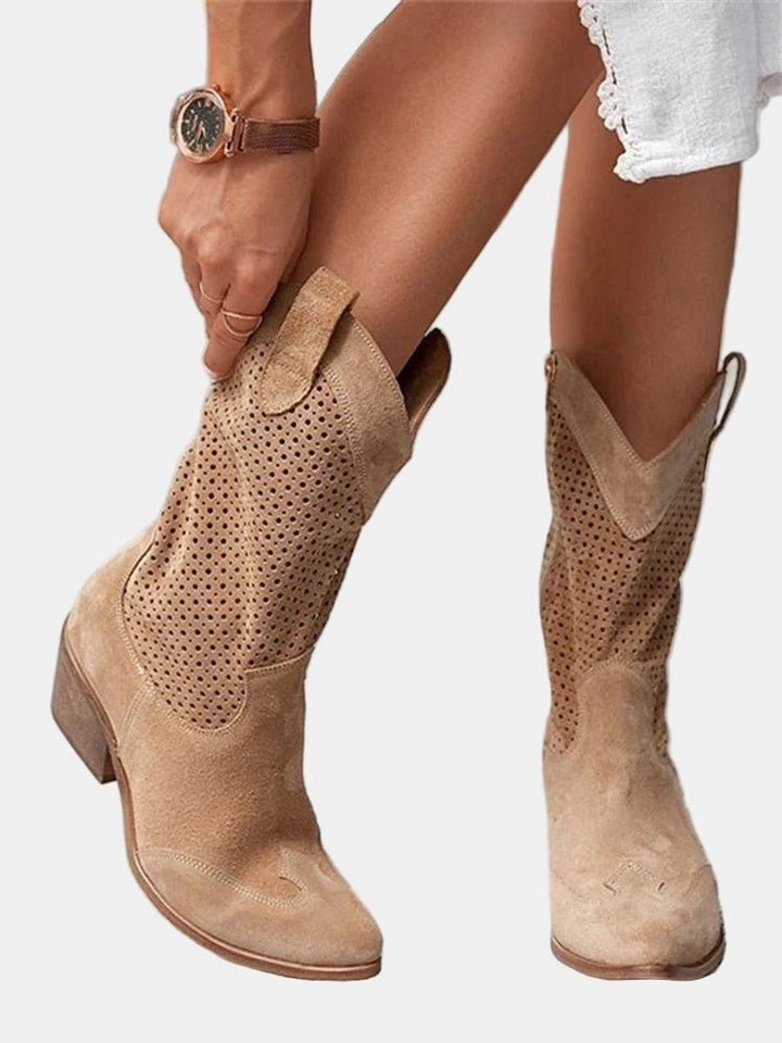 close-up of tan suede boots with perforated panel and wooden block heel