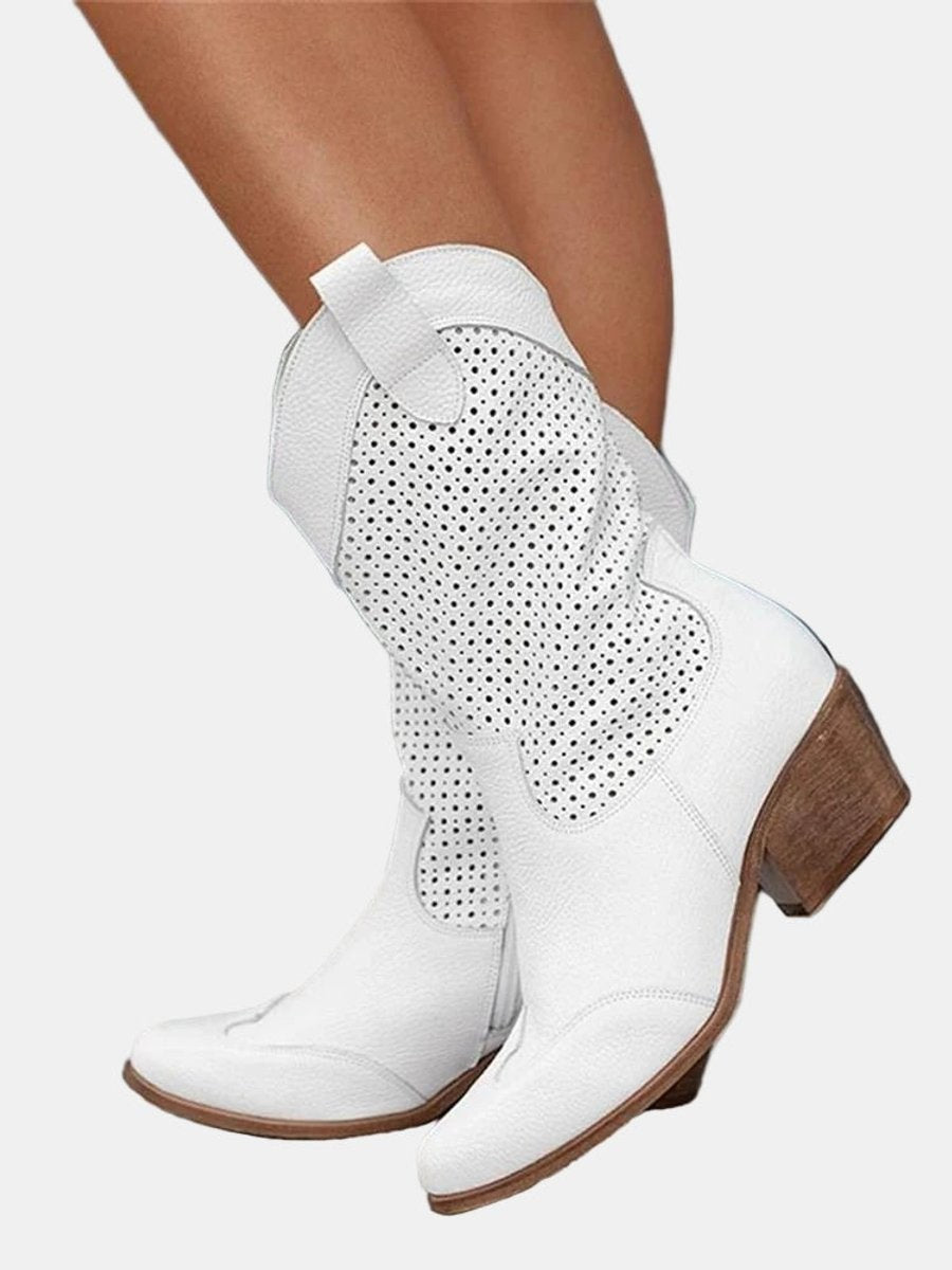 white perforated leather knee-high boots with pointed toe and block heel