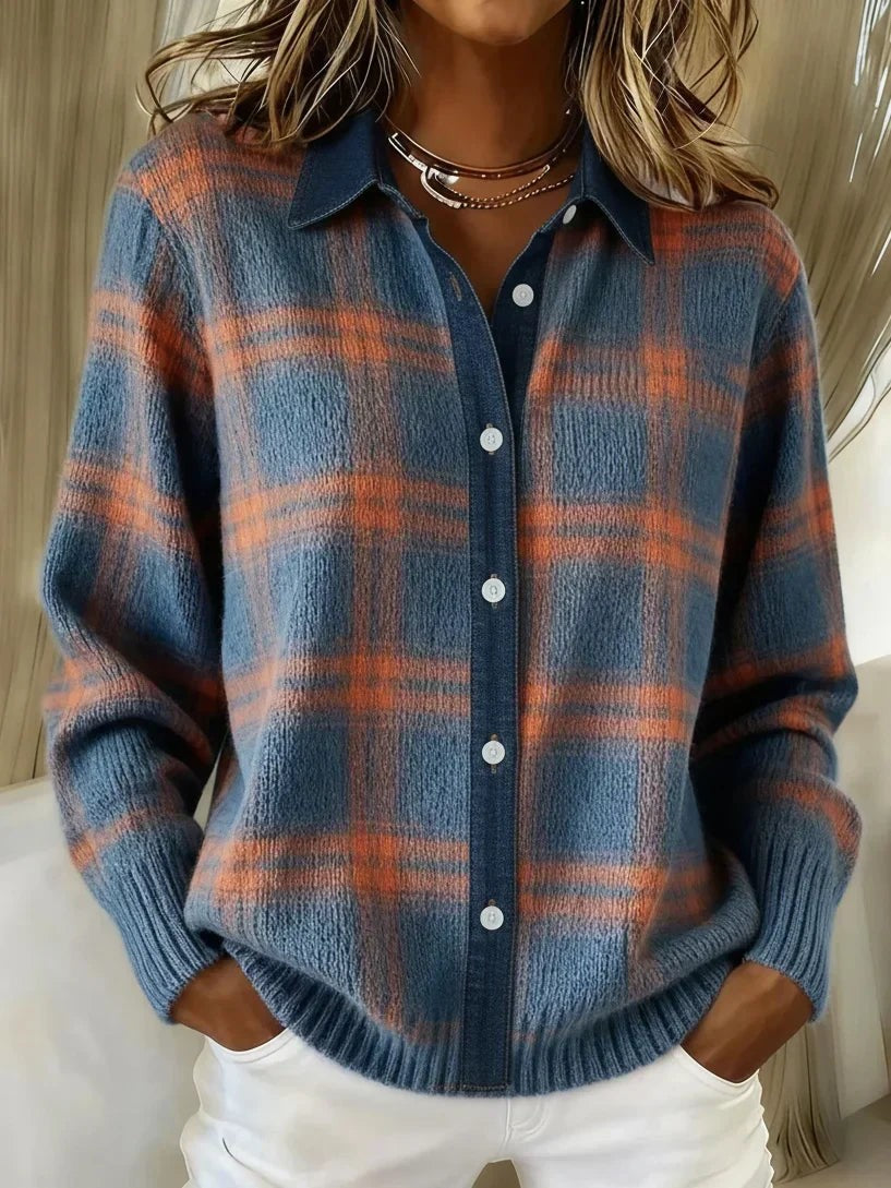 Blue and orange plaid knit cardigan with collared button-front design