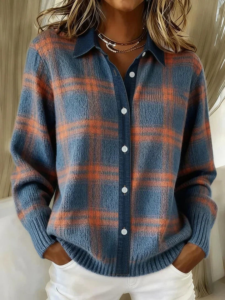Blue and orange plaid knit cardigan with collared button-front design