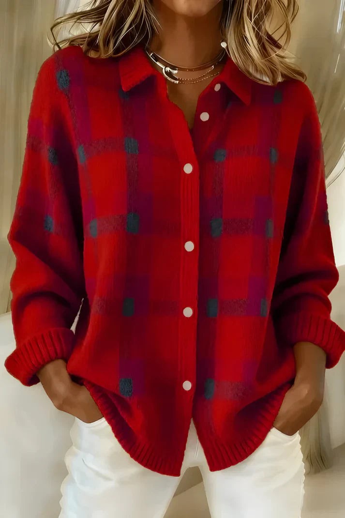 Red plaid button-front cardigan with ribbed cuffs and collar