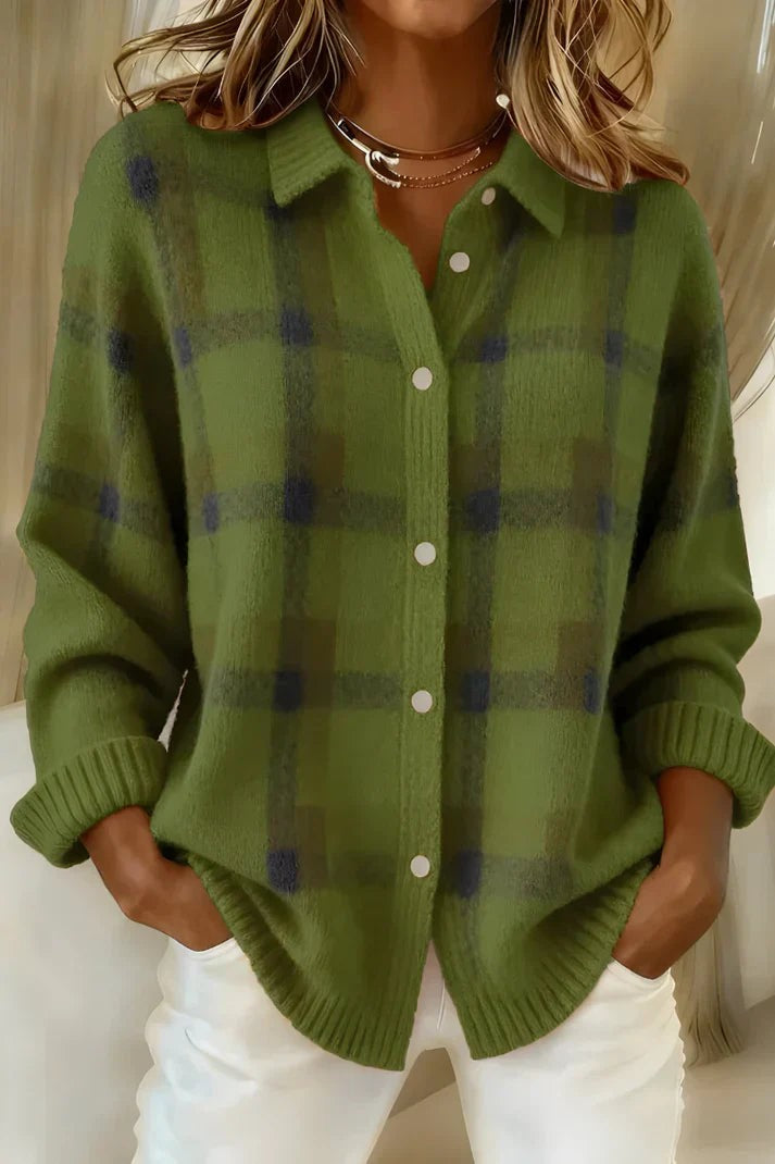 Olive green plaid knit cardigan with contrast button closure
