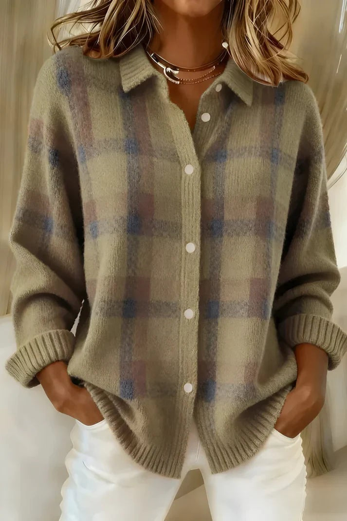 Sage green plaid cardigan sweater with collared button front