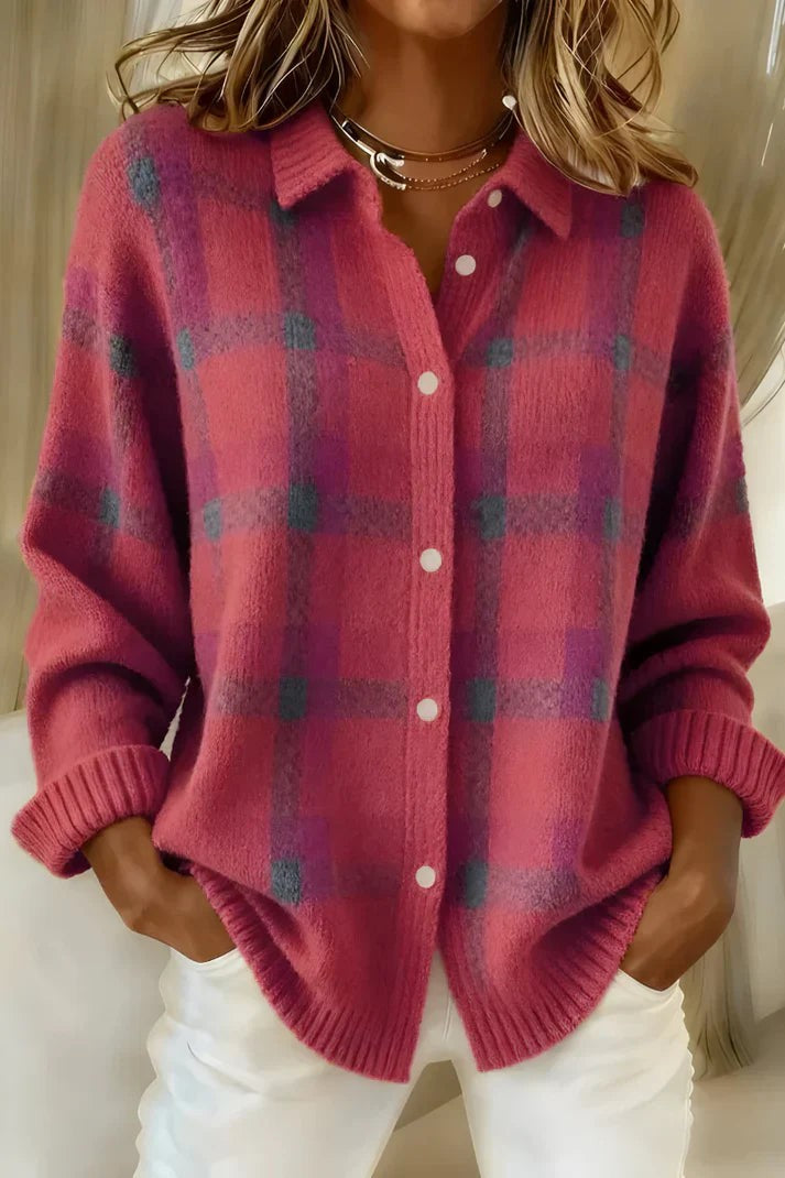 Pink and purple plaid knit cardigan with white button details