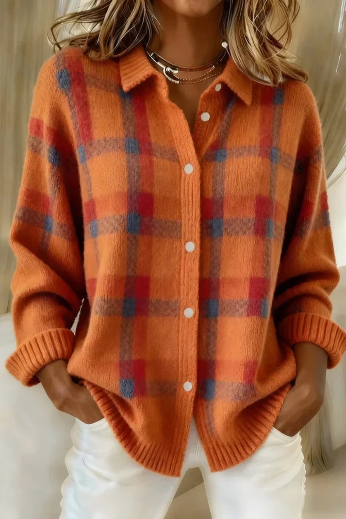 Orange plaid button-front cardigan with ribbed knit cuffs