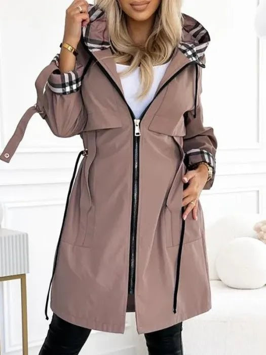 Mauve hooded zip coat with plaid trim and drawstring waist