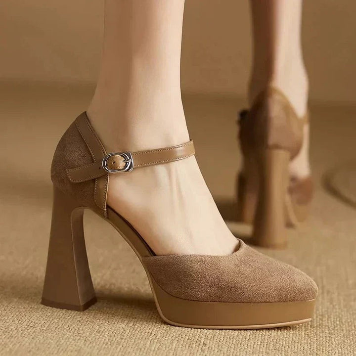 Camel suede platform pumps with ankle strap and chunky block heel