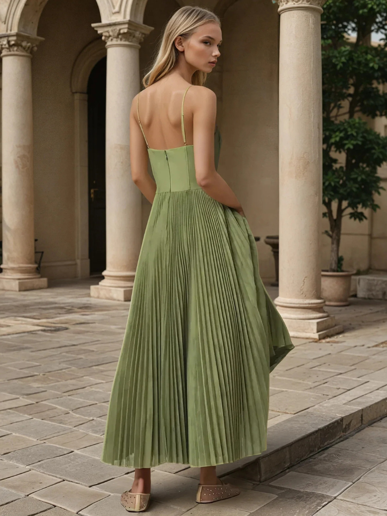 Back view of olive green pleated maxi dress with adjustable spaghetti straps