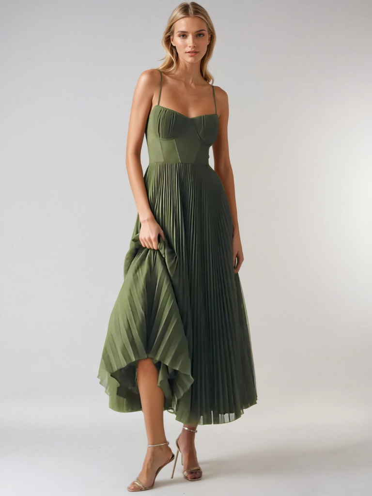Full-length sage green A-line maxi dress with pleated skirt and thin straps