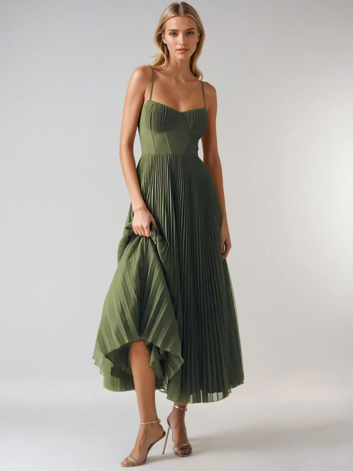Full-length sage green A-line maxi dress with pleated skirt and thin straps