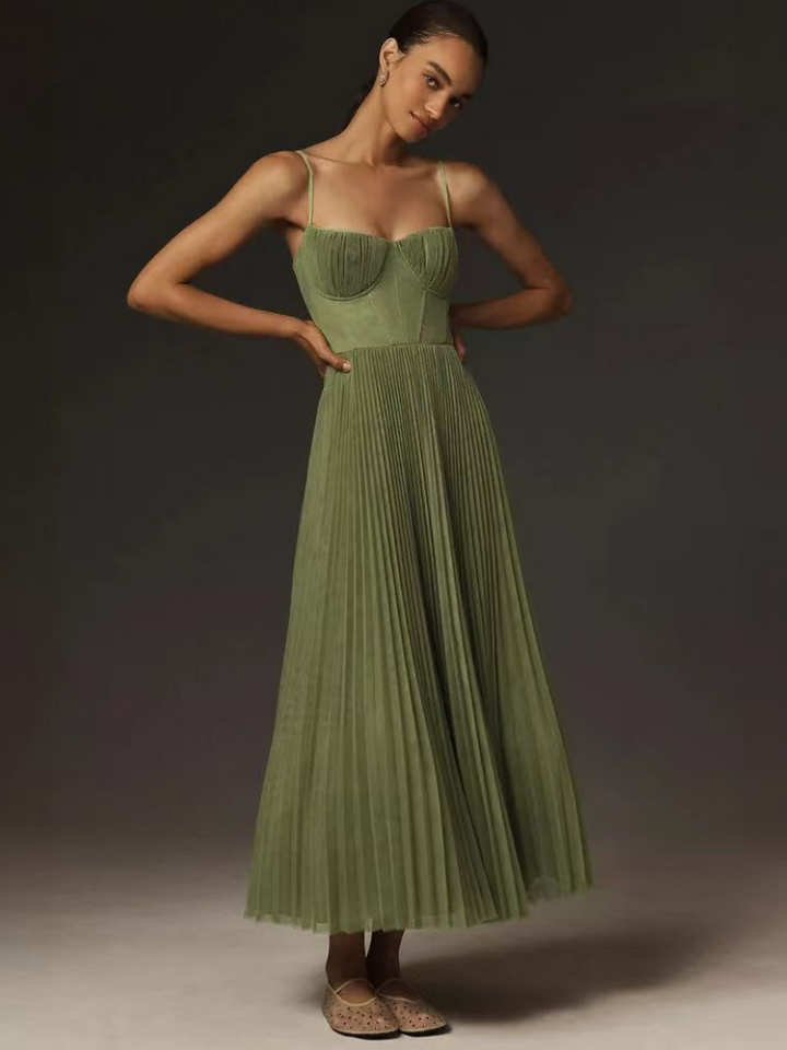 Sage green pleated A-line maxi dress with sweetheart neckline, front view