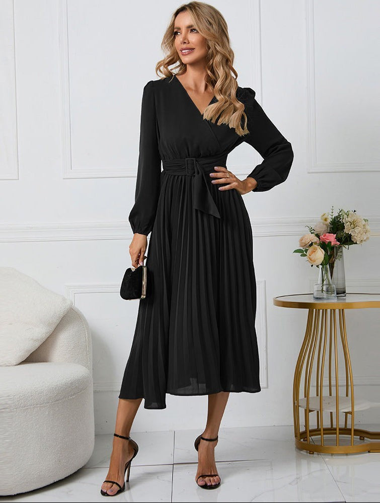 Black long-sleeve V-neck midi dress with pleated skirt and tie belt